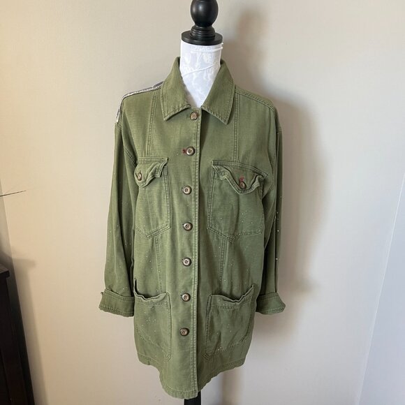 Free People Women’s Spruce American Flag Utility Jacket Sz Small Military Green - Picture 7 of 7